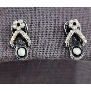 Black Rhinestone Sandal Design Stud Earrings 1" Detailed Lightweight